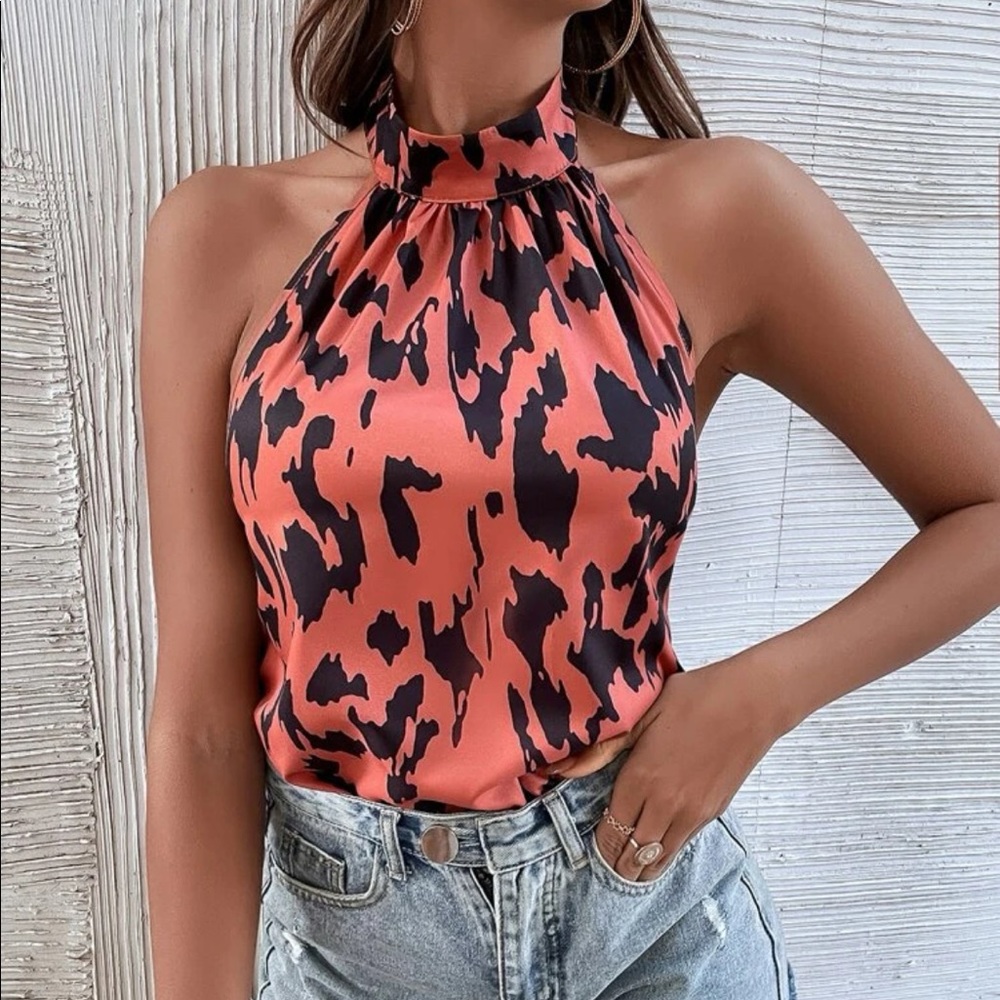 Boho leopard print open back halter top rust brown - Picture 1 of 16